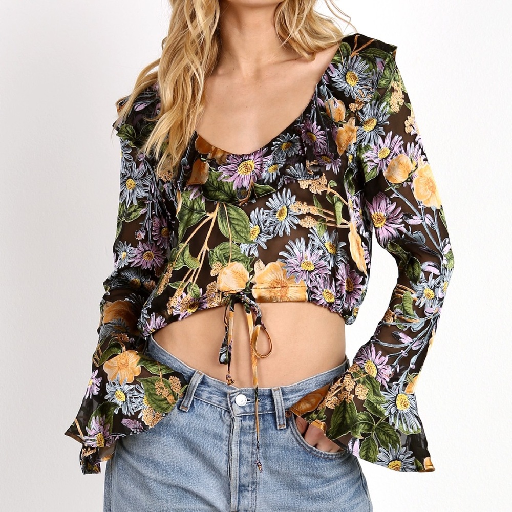 For Love & Lemons Luciana Floral Ruffle Blouse Crop Top XS Worn Once